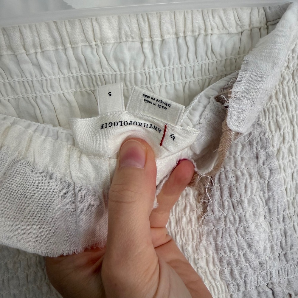 J4 Anthro Hemant & Nandita White Smocked Strapless Linen Midi Dress Lace Trim S - Picture 12 of 13